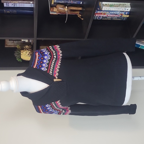 LAUREN RALPH LAUREN Black Red Blue Cotton Toggle V-neck Fair Isle Sweater - Picture 1 of 9